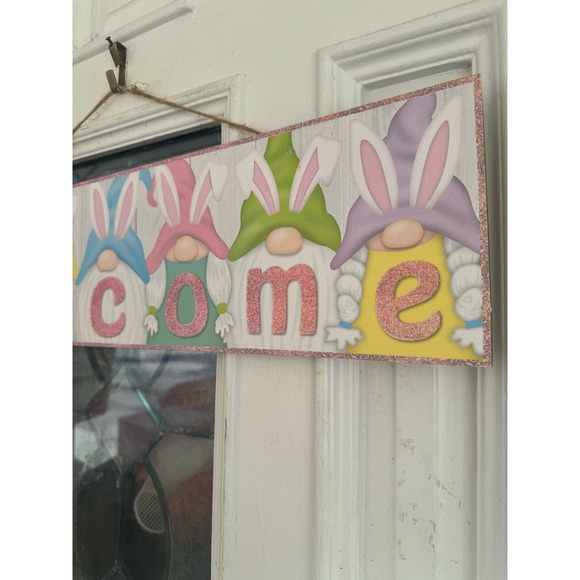 Welcome Easter Bunny Rabbit Gnome Sign Wall Front Door Hanger Home Decor - Picture 4 of 6